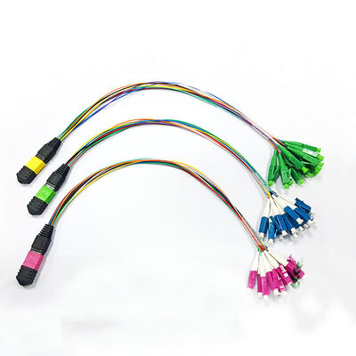 12core MPO-LC Multimode Fiber Optic Breakout Patch cable 0.9mm สําหรับแคสเซ็ต MPO และอุปกรณ์จําลอง